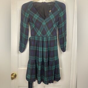 Classy J. Crew A-Line Blackwatch plaid long sleeve tiered Holiday Dress Size 00